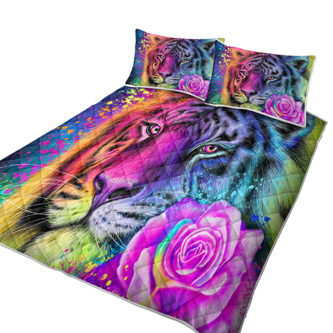 Quilts for Beds with Colorful Animal Art Neon Rainbow Tiger