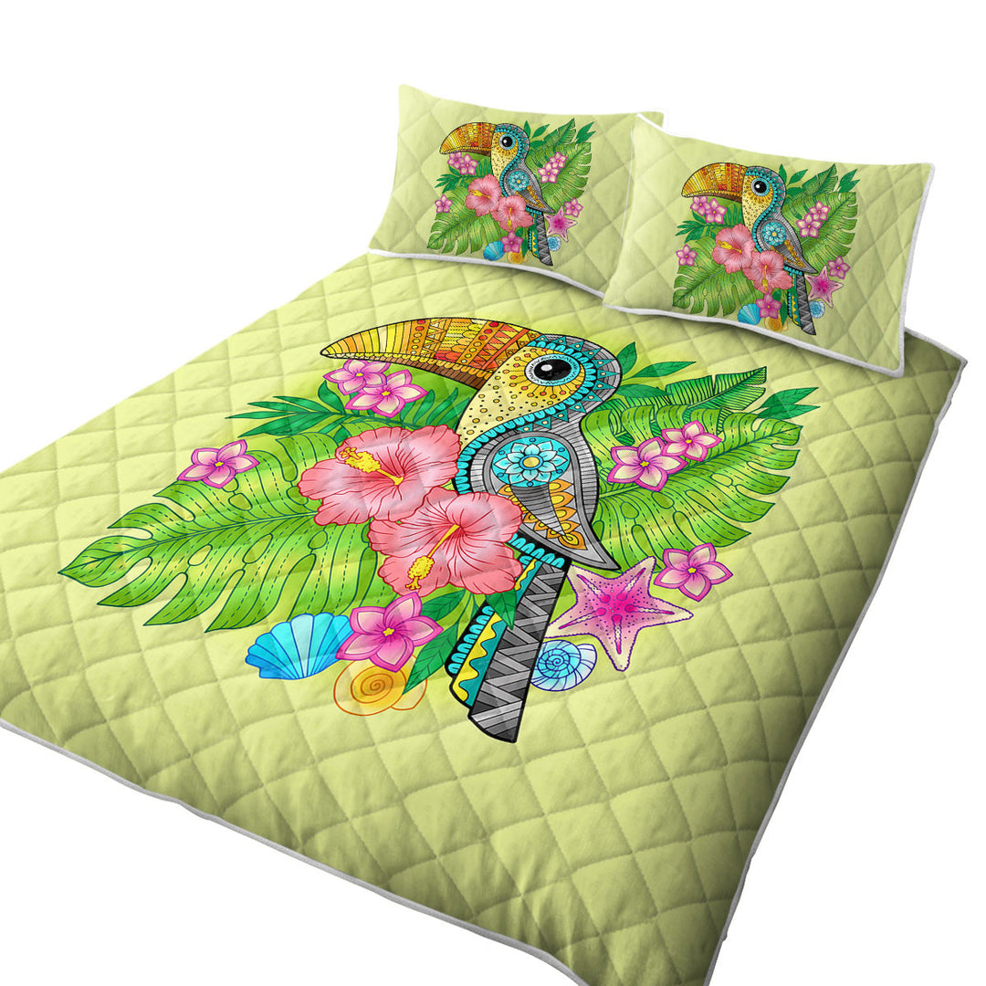Quilts for Beds with Colorful Tropical Flowers and Toucan