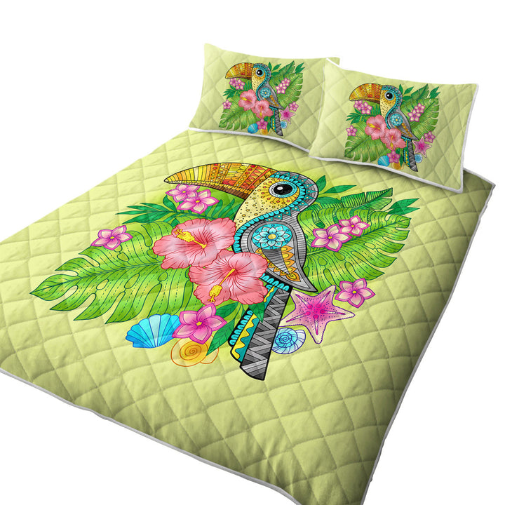 Quilts for Beds with Colorful Tropical Flowers and Toucan