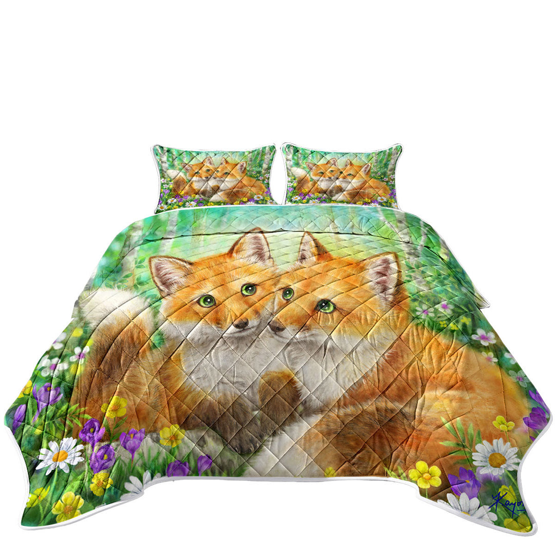 Quilts for Beds with Cute Animal Painting Fox Brothers and Flowers