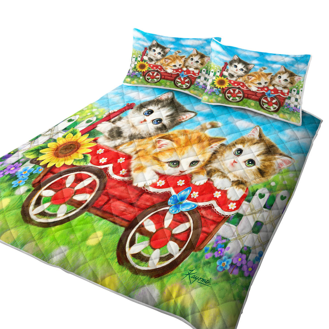 Quilts for Beds with Cute Cat Drawings for Kids Kitten in Wagon