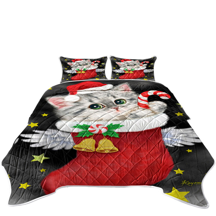 Quilts for Beds with Cute Grey Kitty in Red Angle Christmas Sock