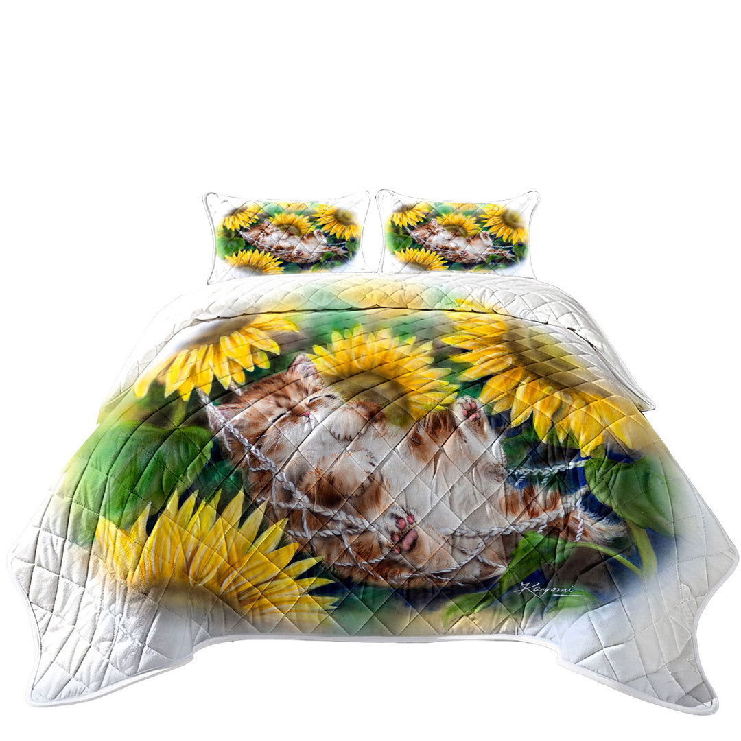 Quilts for Beds with Cute Sleeping Ginger Kitten Sunflower Dream