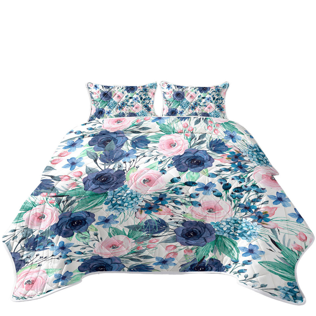 Quilts for Beds with Dark Blue and Pink Floral