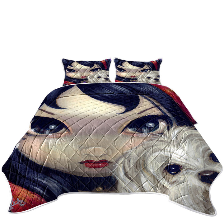 Quilts for Beds with Faces of Faery _41 Girl with Adorable Maltese Dog