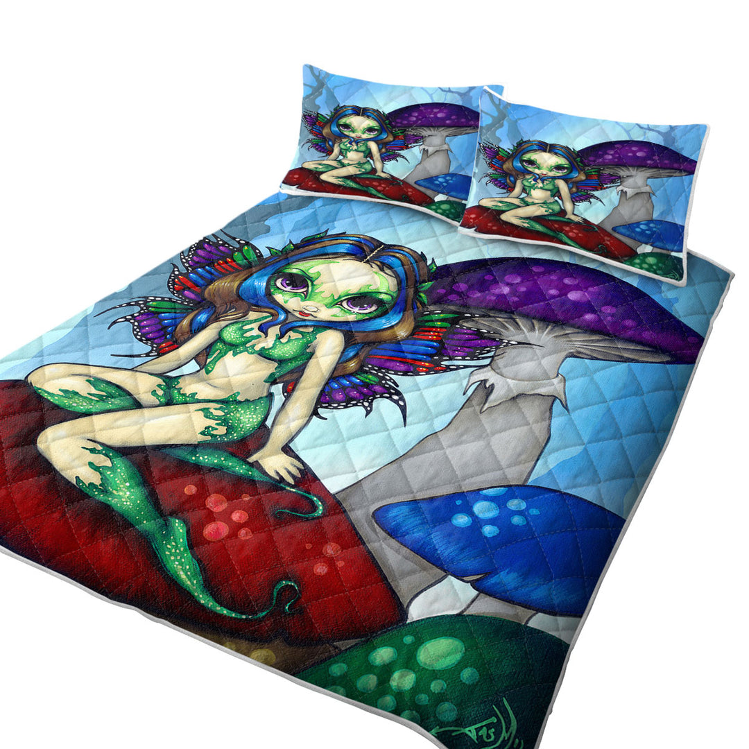 Quilts for Beds with Fantasy World Masked Fairy on Mushrooms
