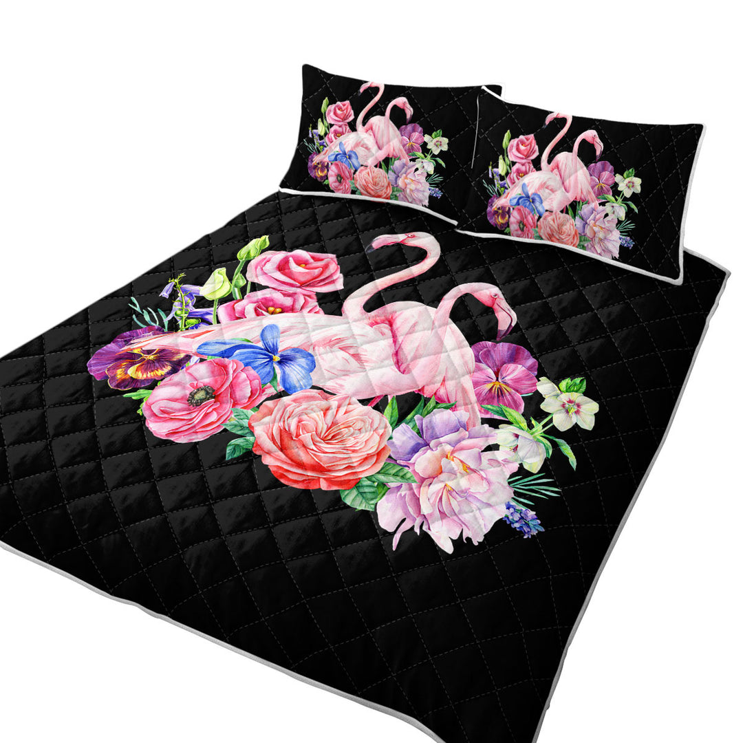 Quilts for Beds with Flamingos and Flowers over Black