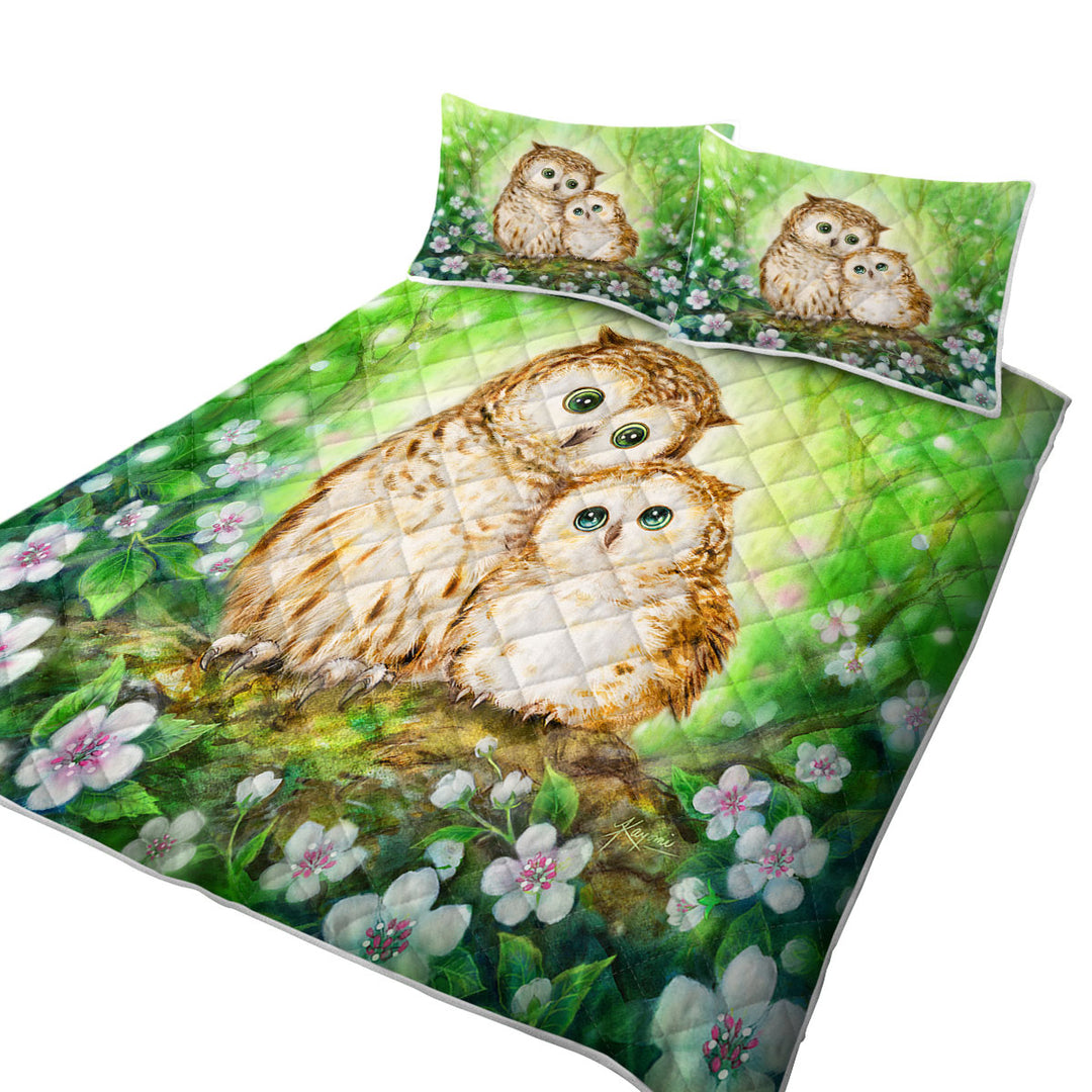 Quilts for Beds with Green Forest and Flowers Owls Cuddle