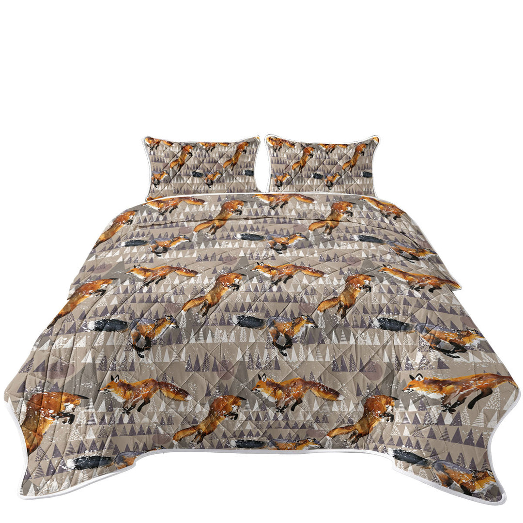 Quilts for Beds with North American Trees Behind Playful Fox