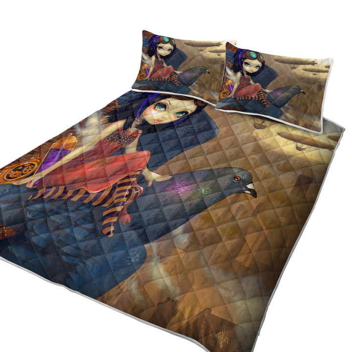 Quilts for Beds with Poe a Beautiful Steampunk Flair Girl on a Pigeon
