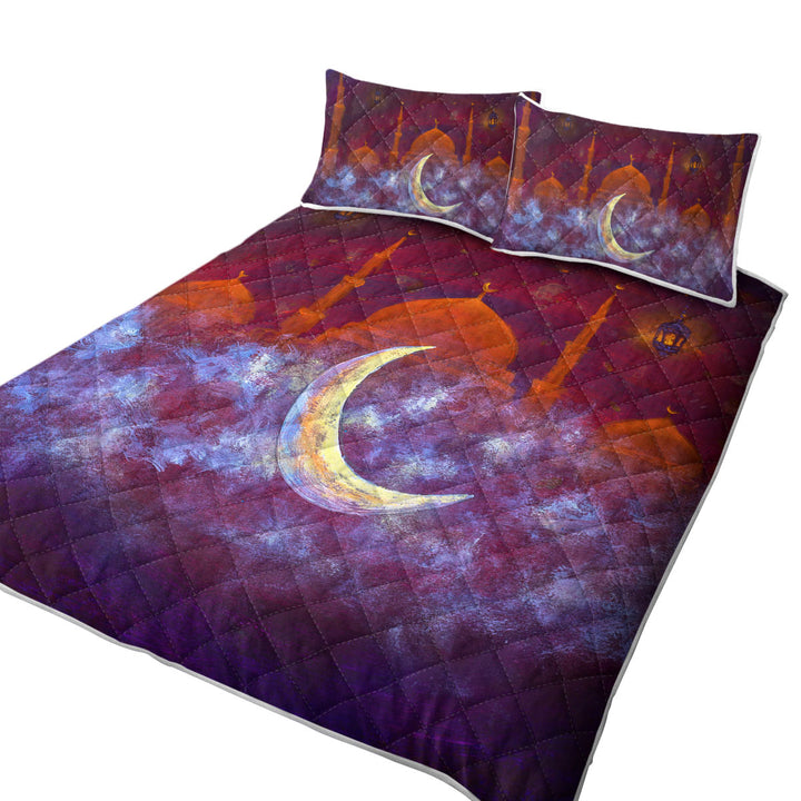 Quilts for Beds with Purplish Art Painting Mosque and Crescent Moon