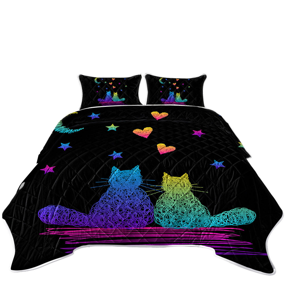 Quilts for Beds with Romantic Cats Artistic Drawing