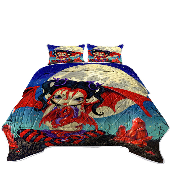 Quilts for Beds with Ruby Moon Cute Fairy and Her Baby Red Dragon