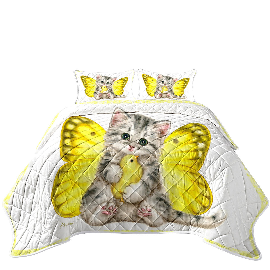 Quilts for Beds with Sweet Yellow Butterfly Kitten and Chick