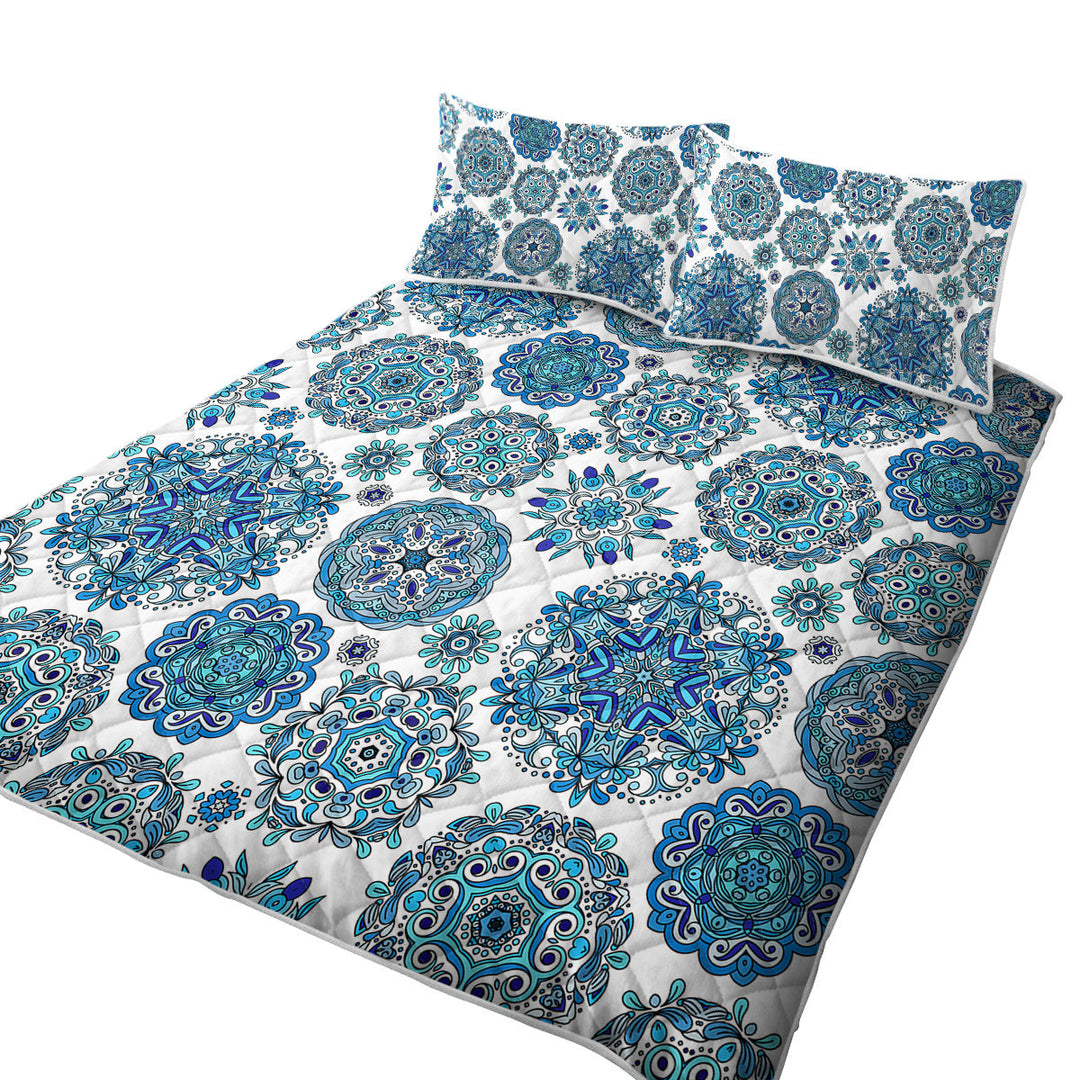 Quilts for sale with Blue Turquoise Snowflakes Mandalas