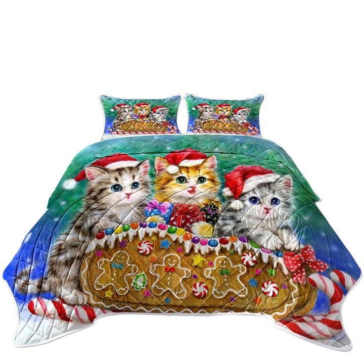 Quilts for sale with Christmas Cats Cute Gingerbread Sleigh Kittens