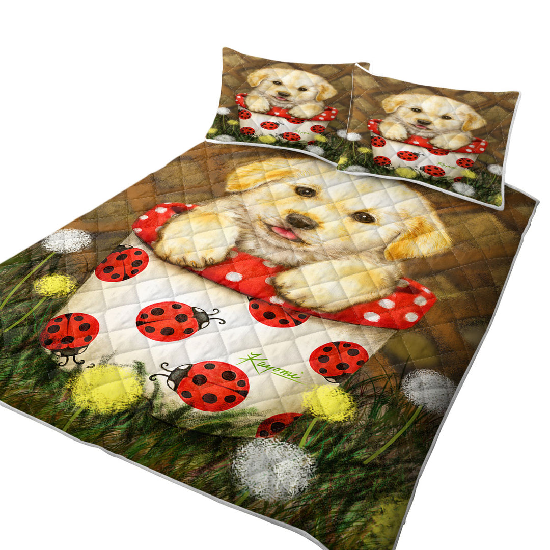 Quilts for sale with Cute Dog Puppy in Ladybug Flower Pot