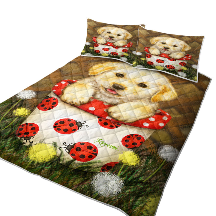 Quilts for sale with Cute Dog Puppy in Ladybug Flower Pot