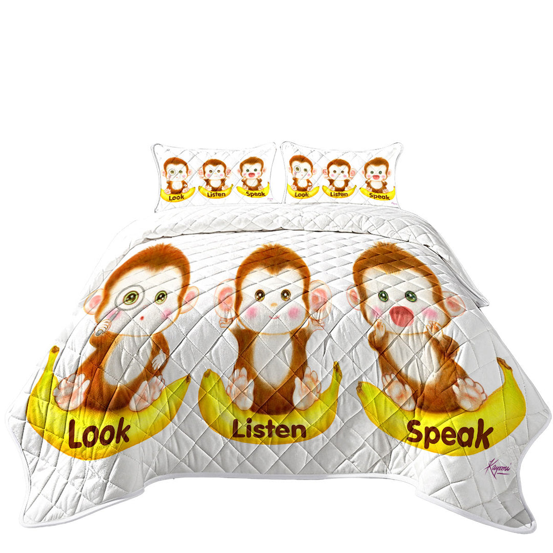 Quilts for sale with Cute Educational Bananas and Three Monkeys