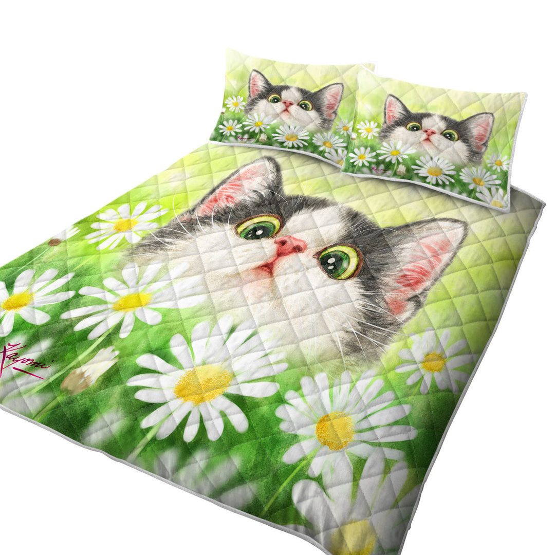 Quilts for sale with Cute Kitty Cat in the Daisy Flower Garden
