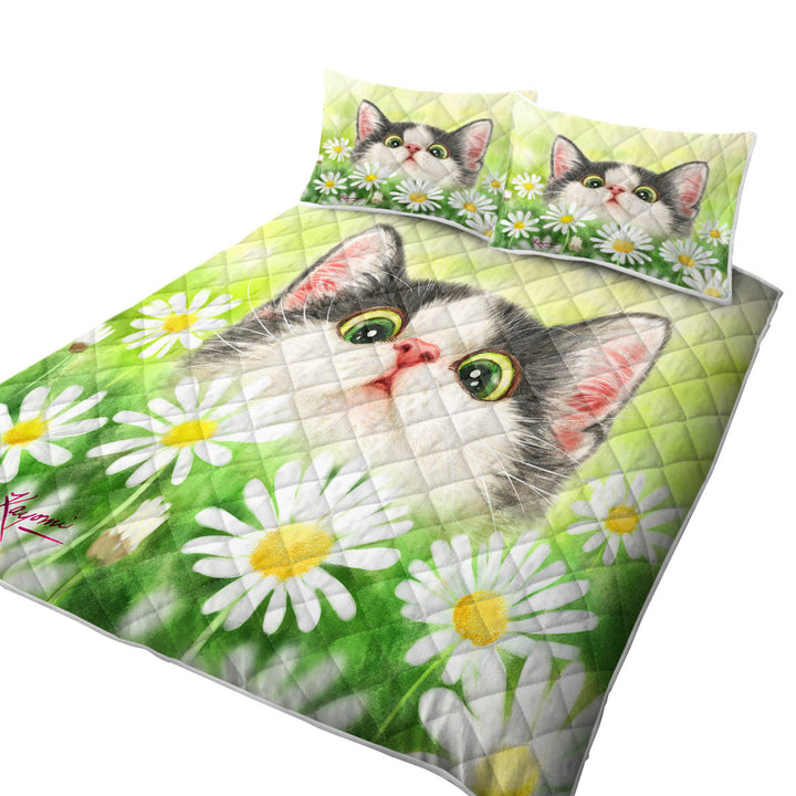Quilts for sale with Cute Kitty Cat in the Daisy Flower Garden