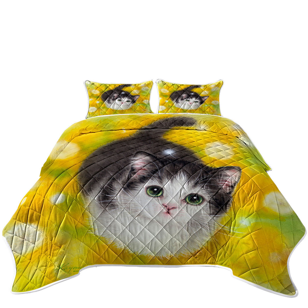 Quilts for sale with Cute Kitty Cat in the Dandelion Flower Garden
