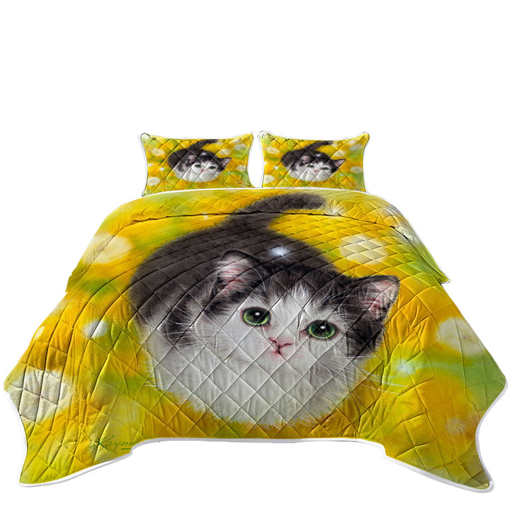 Quilts for sale with Cute Kitty Cat in the Dandelion Flower Garden