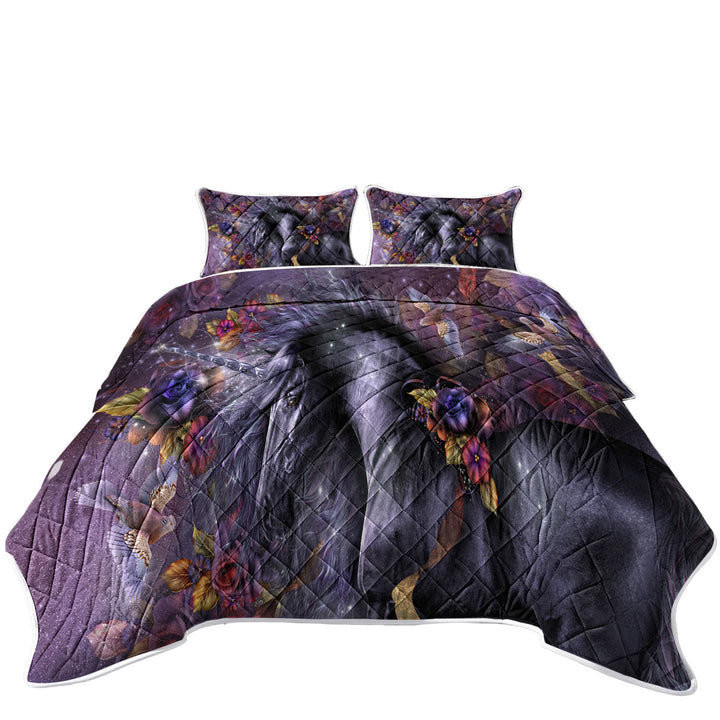 Quilts for sale with Flowers Birds and Beautiful Magical Unicorn Horse