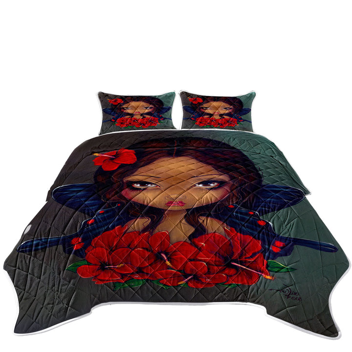 Quilts for sale with Hawaiian Tropical Red Hibiscus Fairy
