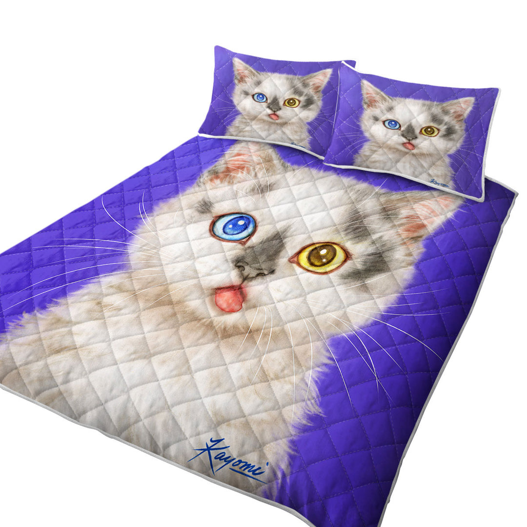Quilts for sale with Heterochromia Eyes White Grey Kitty Cat