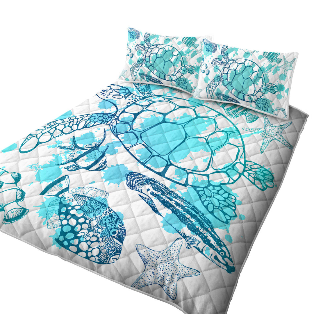 Quilts for sale with Light Blue Turtle and Fish