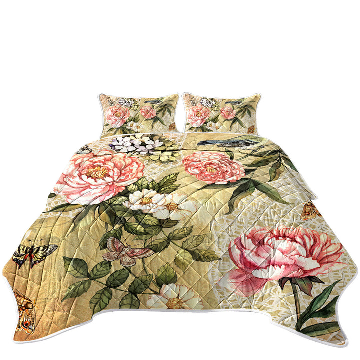 Quilts for sale with Vintage Flowers Bird and Butterflies