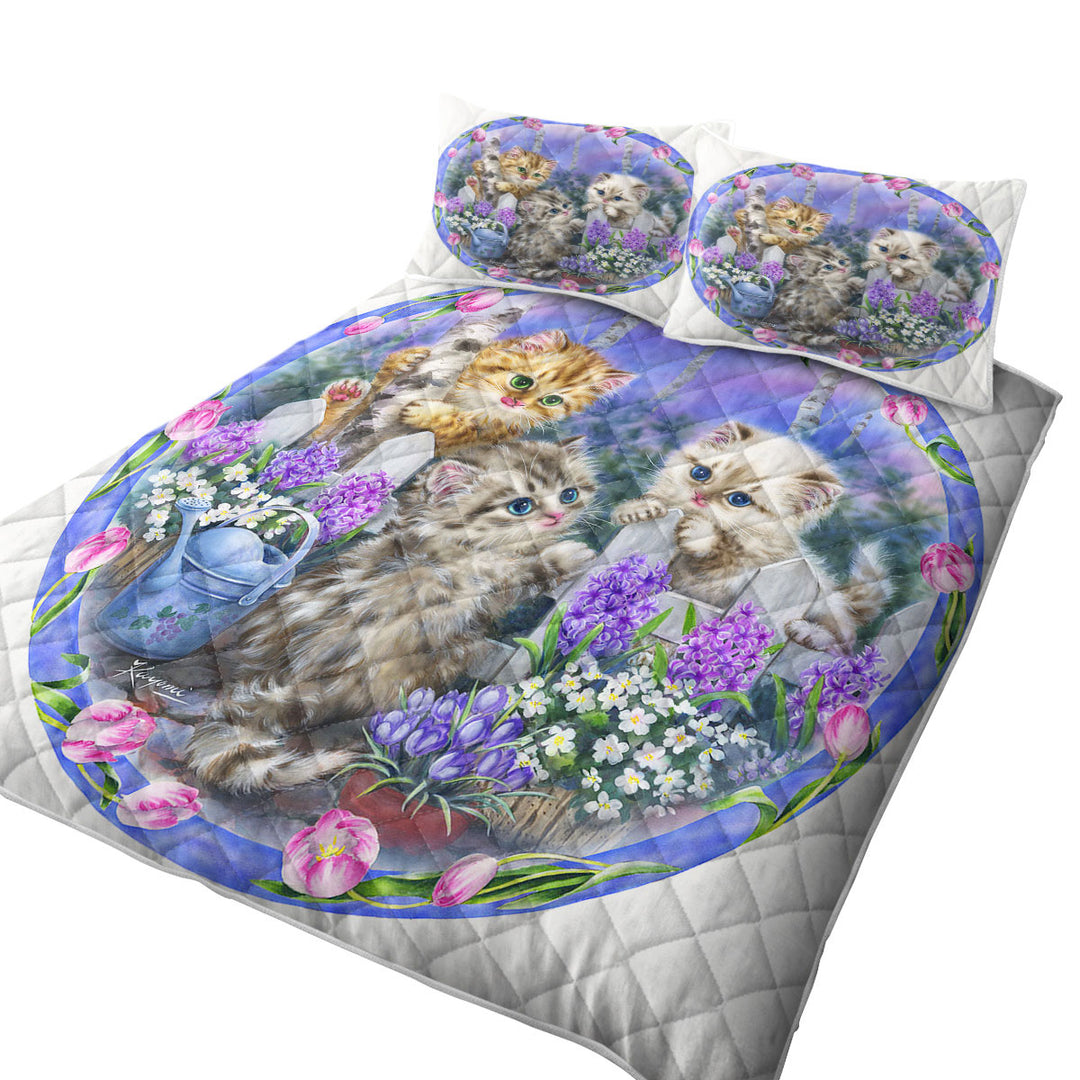Quilts with Adorable Cats Drawing Flowers and Kitten Garden