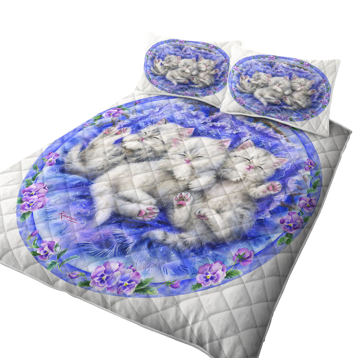 Quilts with Adorable Cute Three White Kittens on Purple