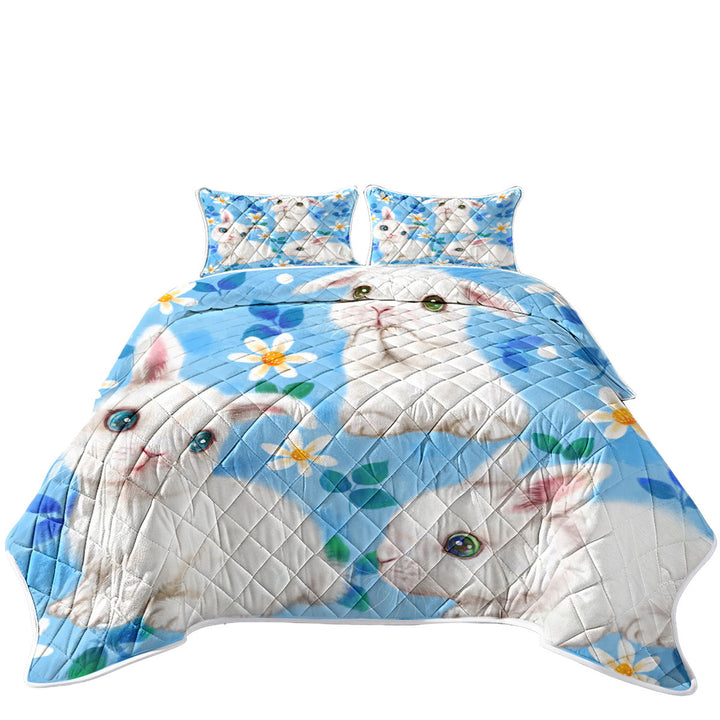 Quilts with Adorable White Bunnies and Flowers for Kids