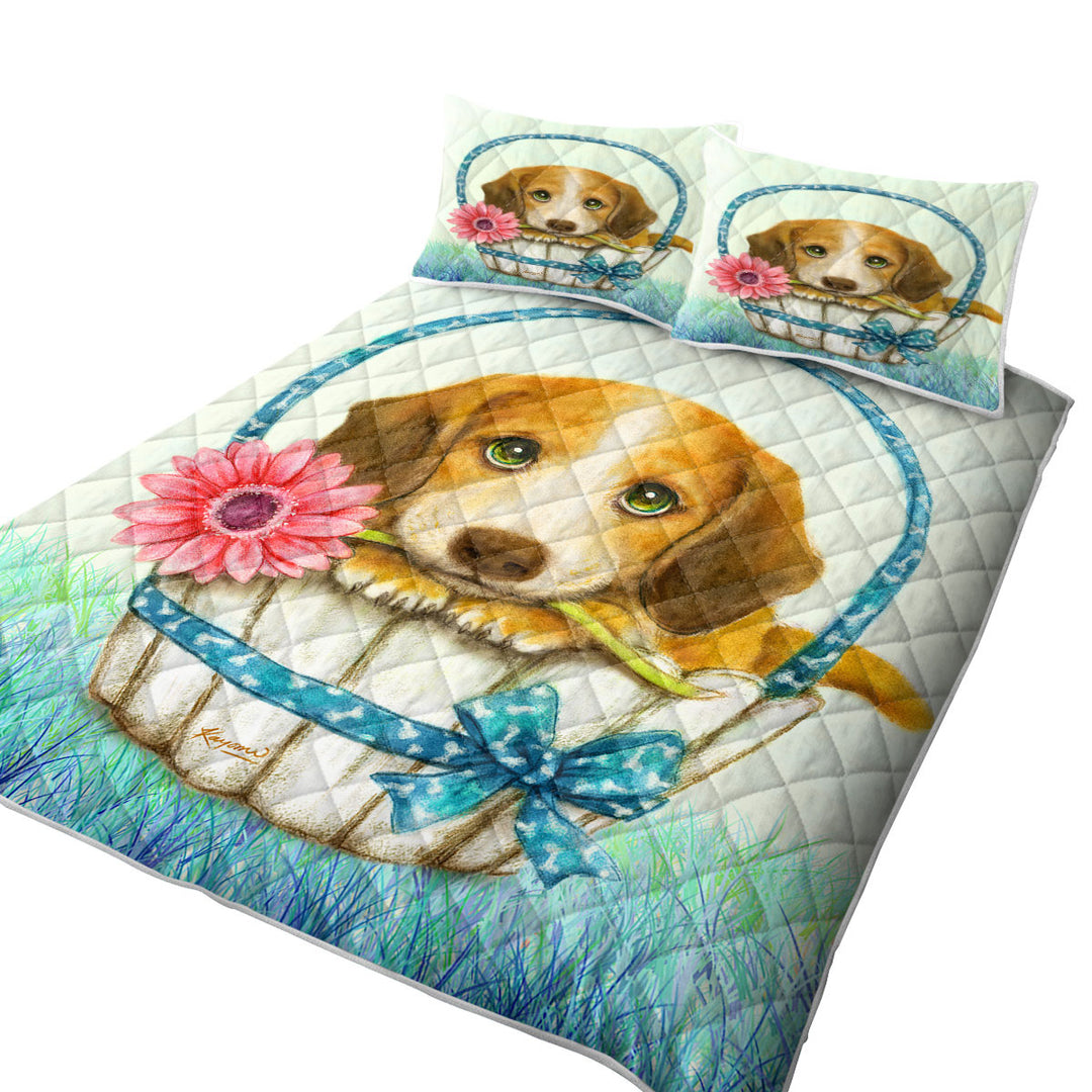 Quilts with Animal Dogs Art Cute Dachshund in Basket