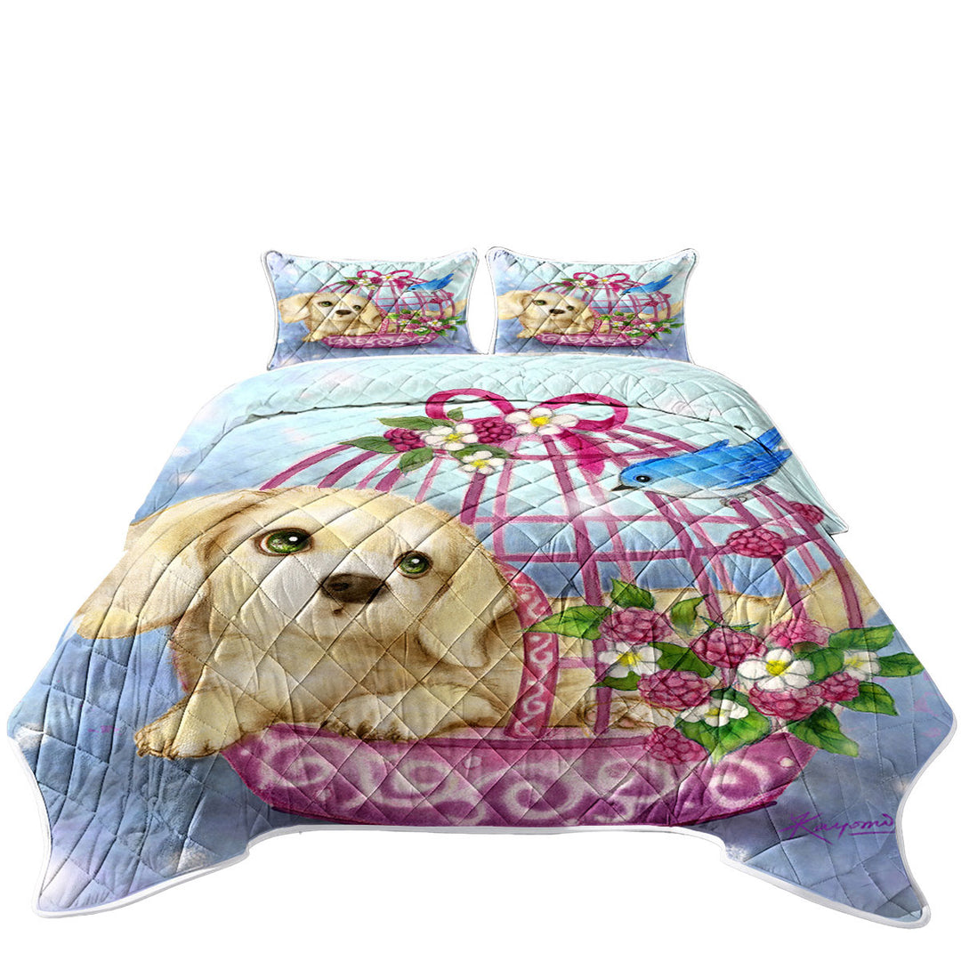Quilts with Animal Dogs Art Cute Dachshund in Bird Cage