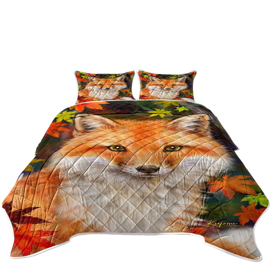 Quilts with Animal Paintings Fox with Autumn Leaves