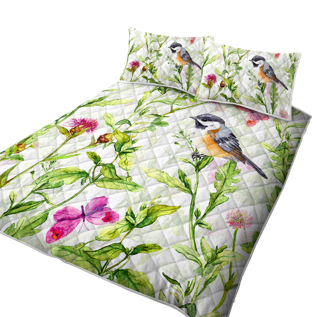 Quilts with Art Painting Bird and Butterflies with Flowers