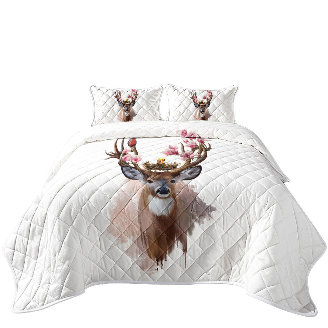 Quilts with Art Painting Cute Birds Nest on Deer Antlers