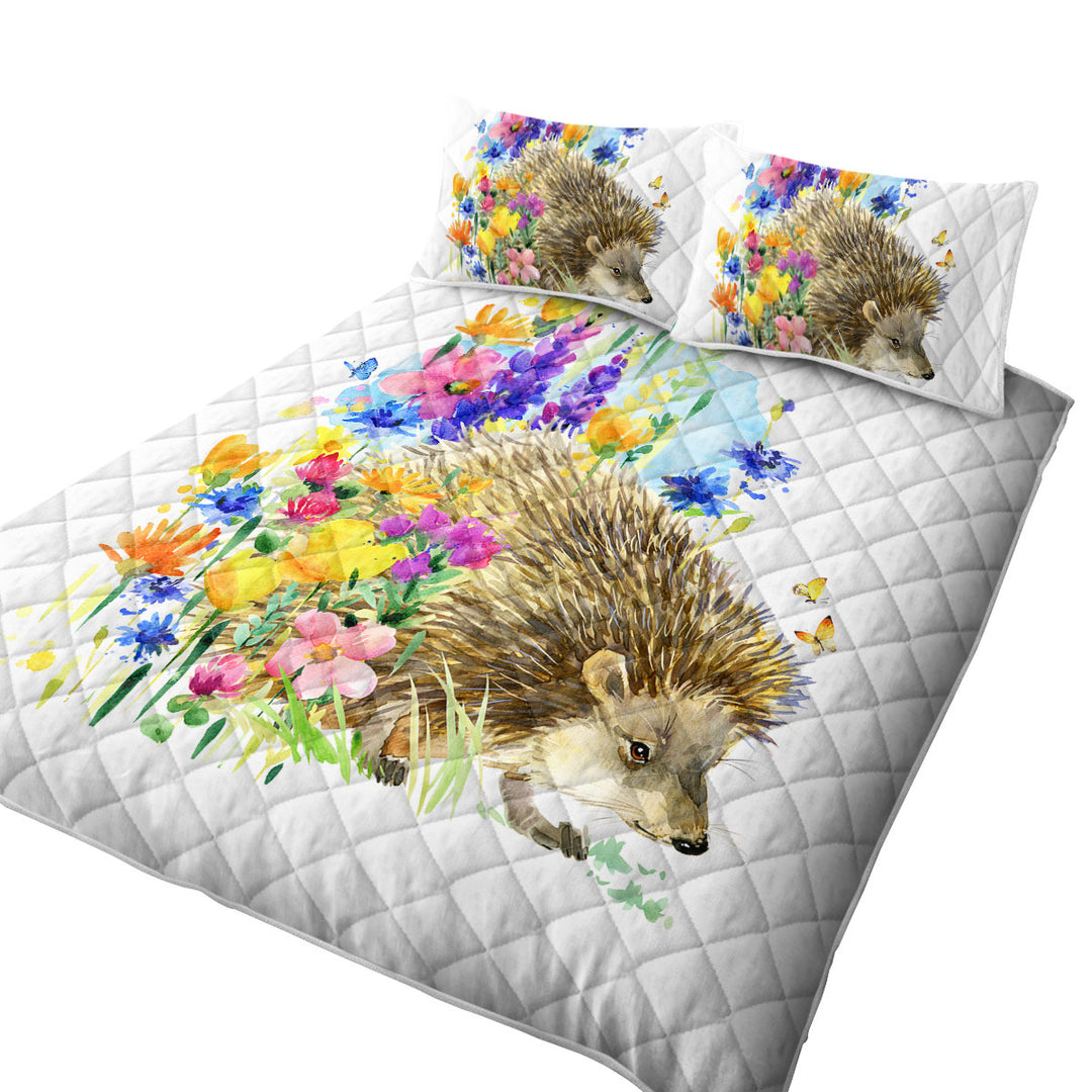 Quilts with Art Painting Flowers and Cute Hedgehog