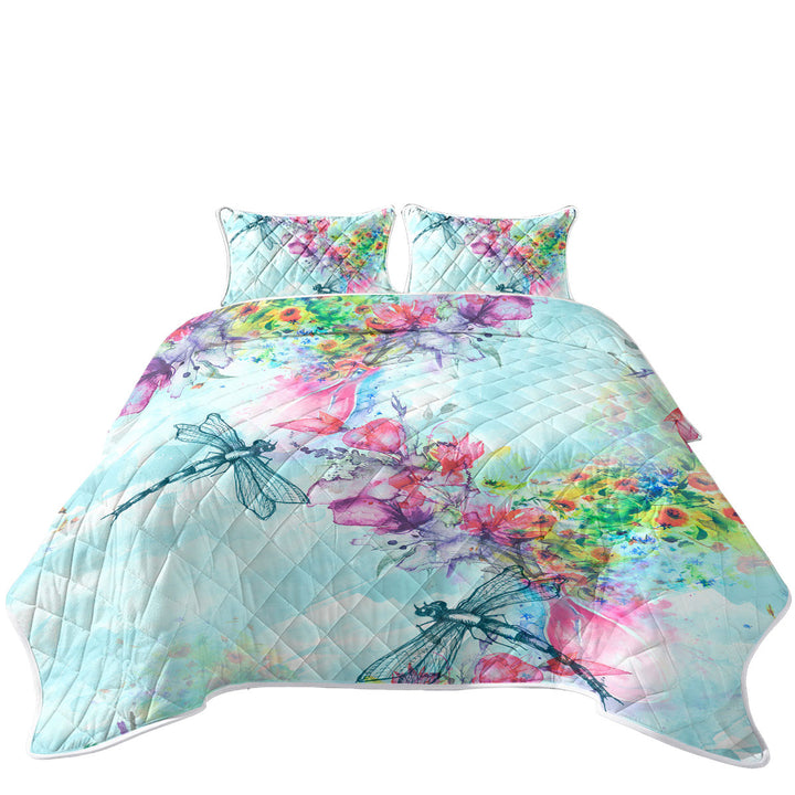 Quilts with Art Painting Flowers and Dragonflies