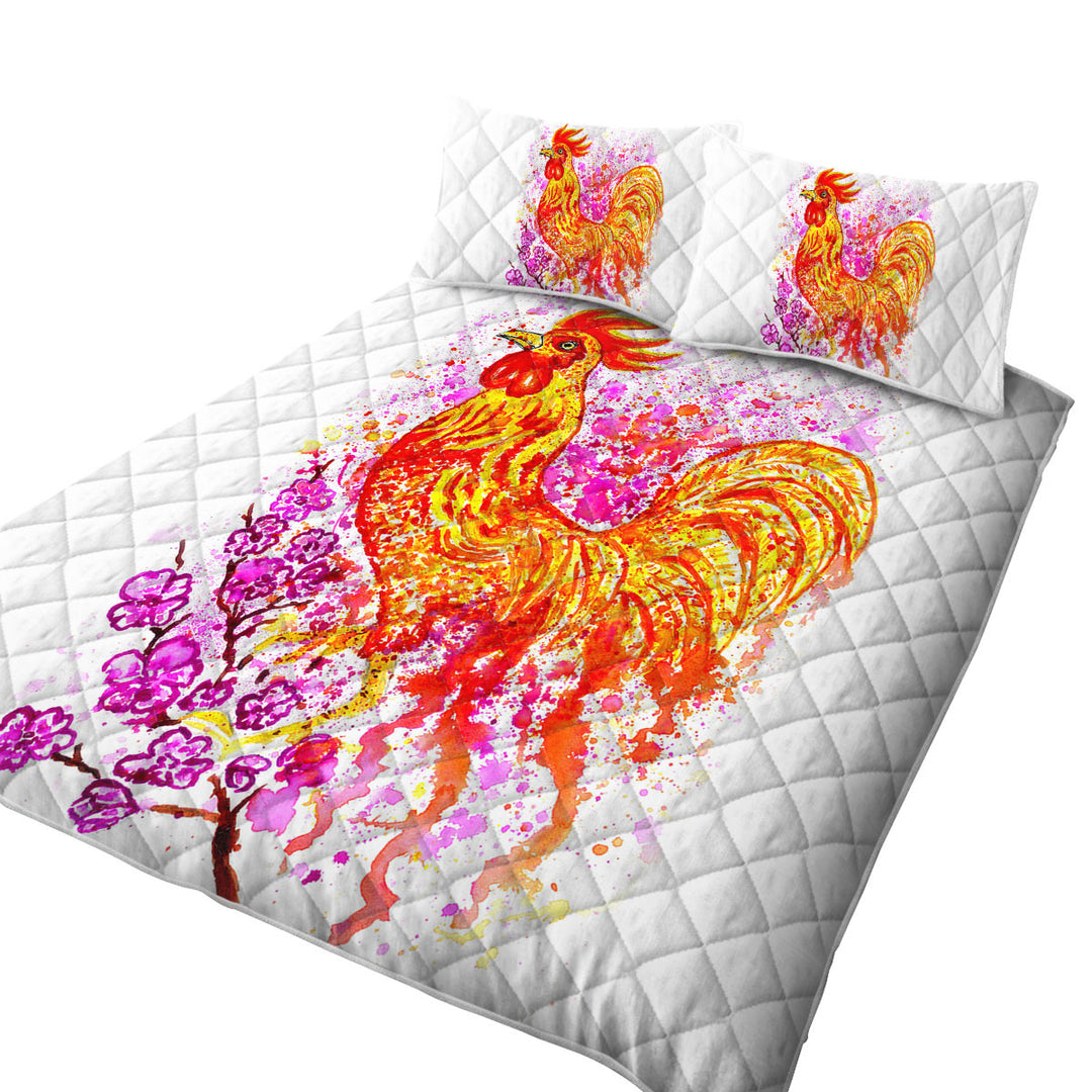 Quilts with Art Painting Pink Flowers and Fire Rooster