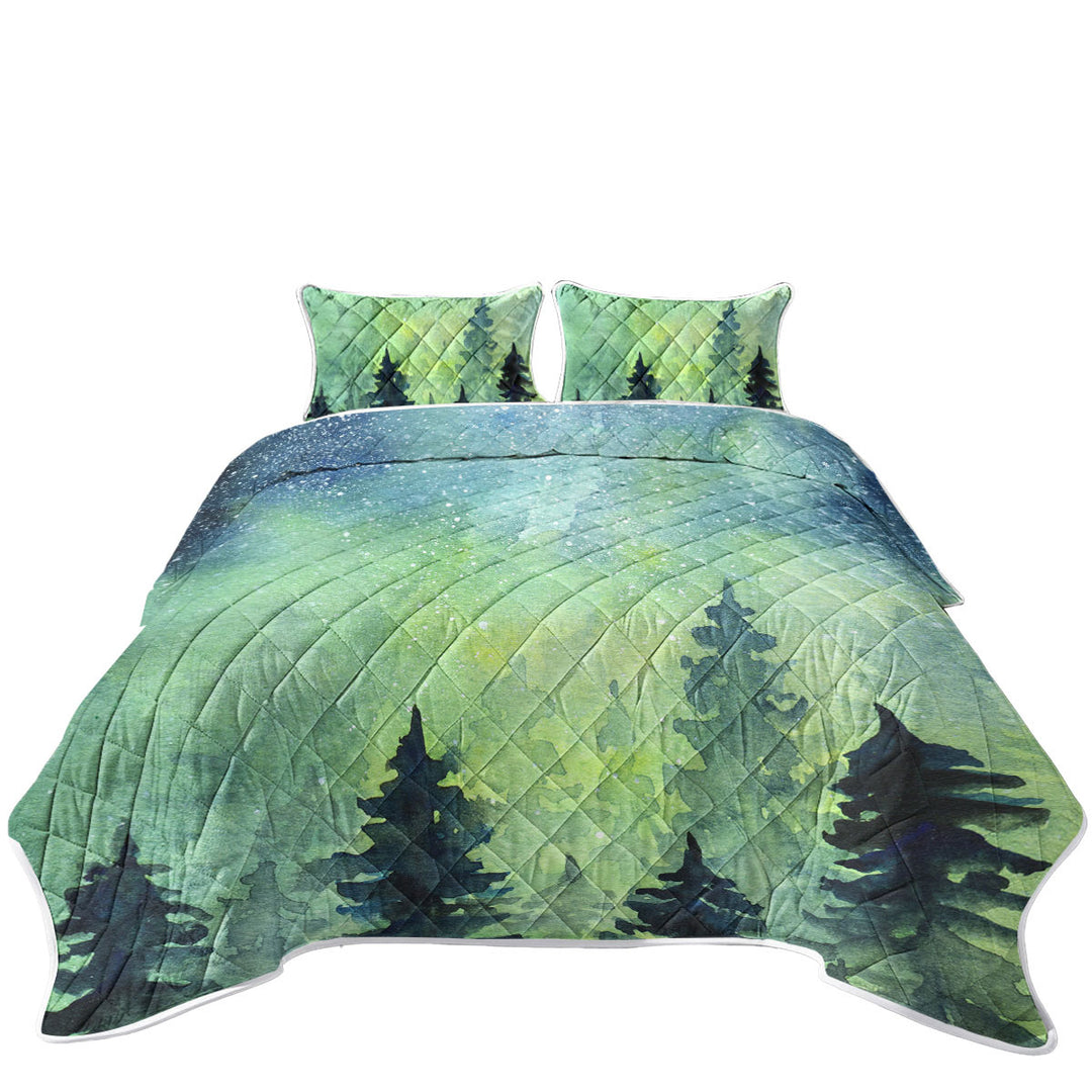 Quilts with Art Painting of Green Night Pine Forest
