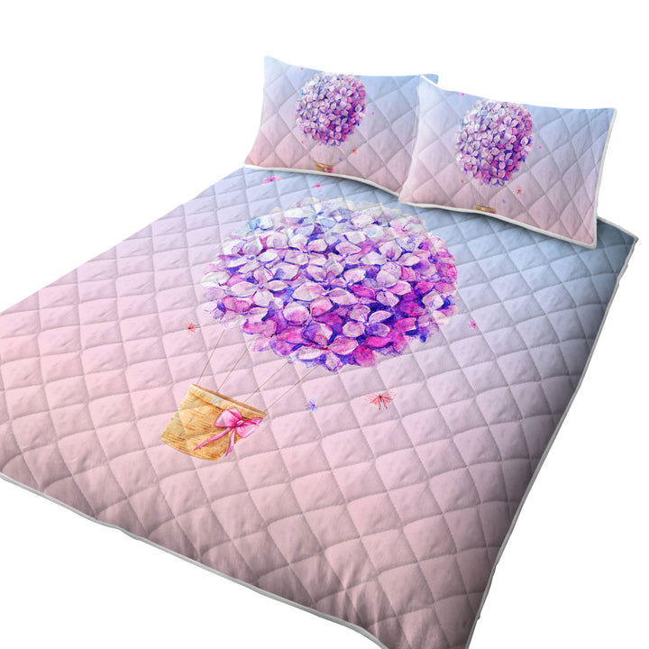 Quilts with Artistic Purple Flowers Hot Air Balloon