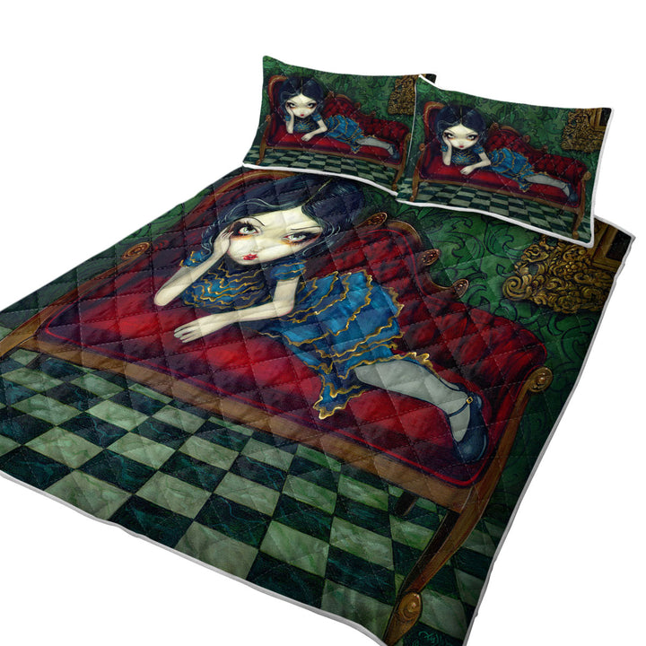 Quilts with Beautiful Gothic Girl Reclining on the Scarlet Sofa