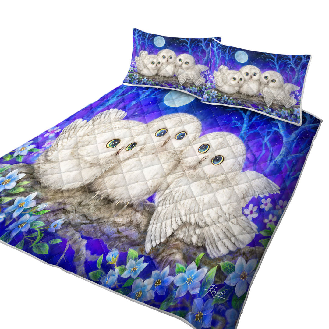 Quilts with Blue Purple Moonlight Forest Owl Triplets
