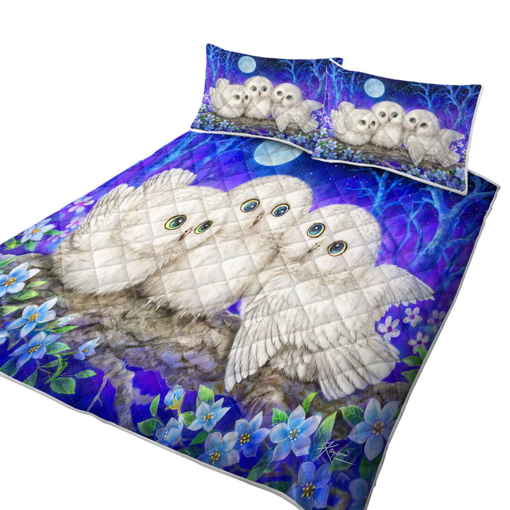 Quilts with Blue Purple Moonlight Forest Owl Triplets