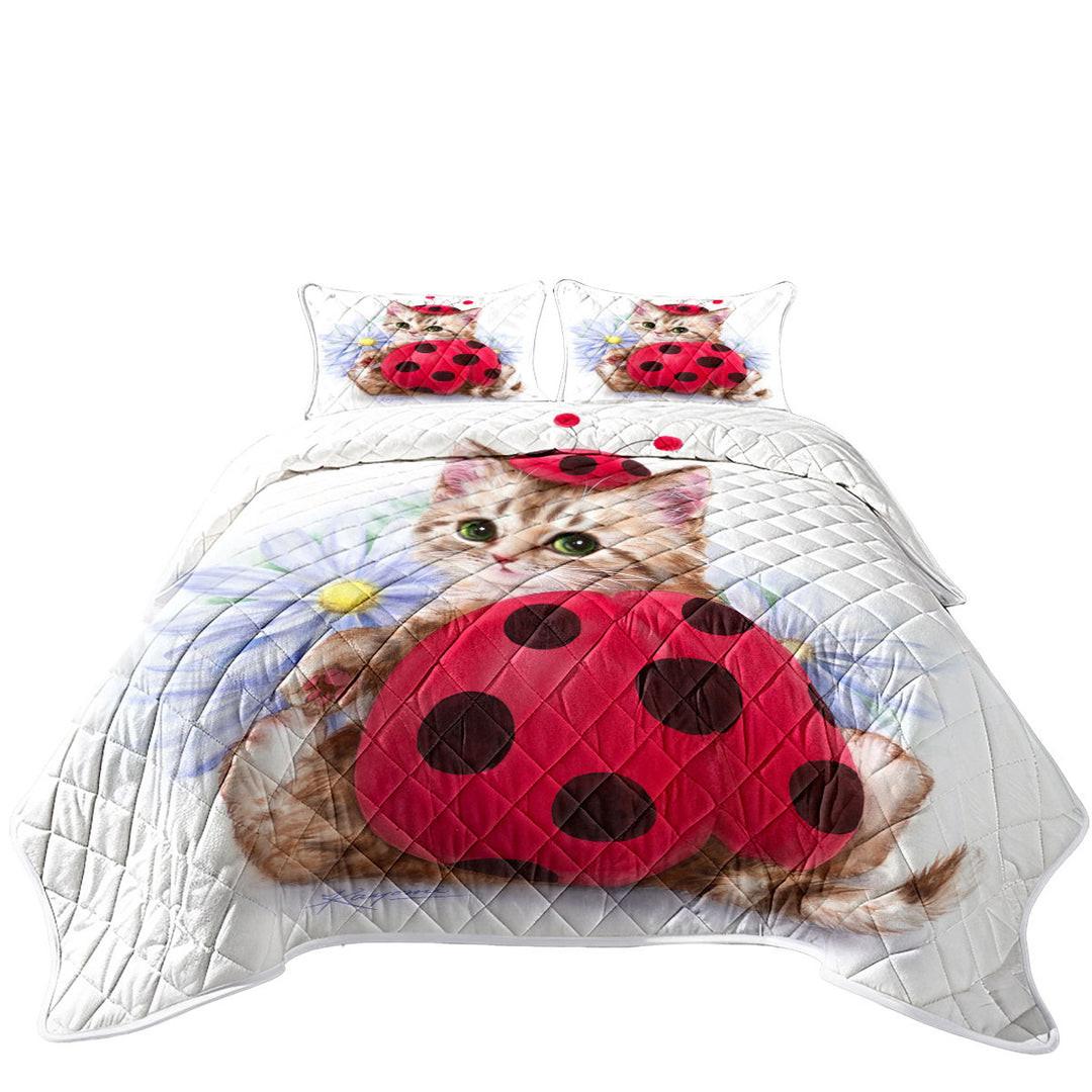 Quilts with Cat for Kids Daisy Flowers and Ladybug Kitten