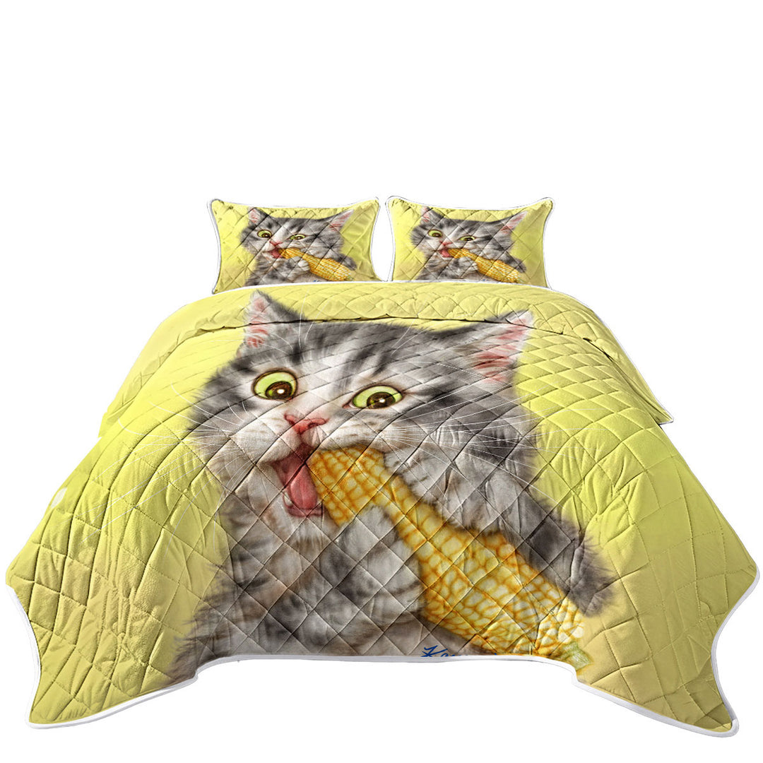 Quilts with Cats Funny Art Painting Grey Tabby Eating Corn